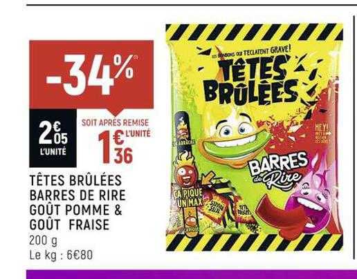 têtes brûlées barres de rire goût pomme & goût fraise