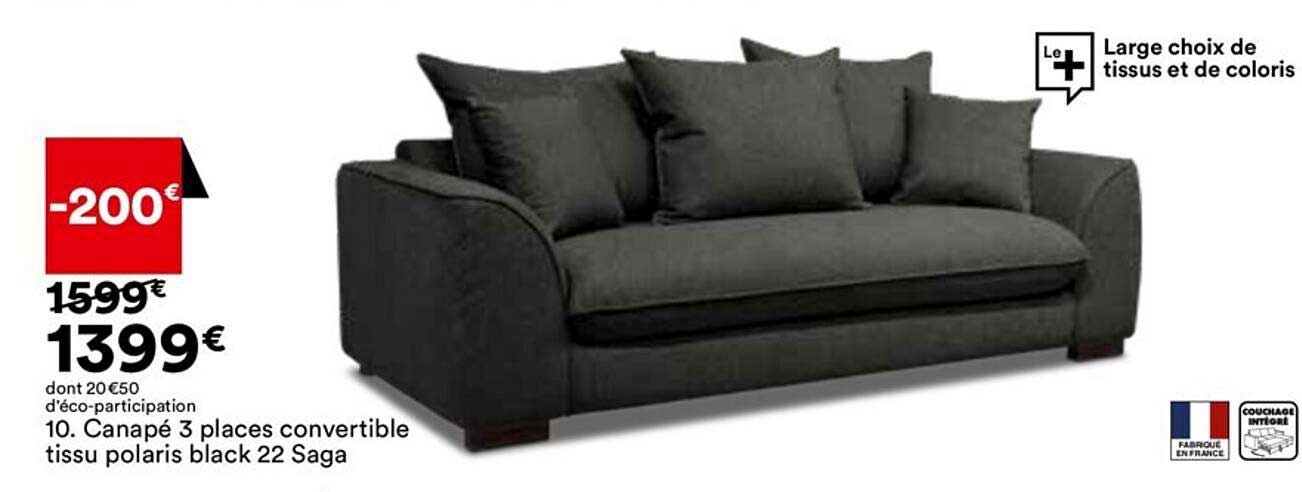 canapé 3 places convertible tissu polaris black 22 saga