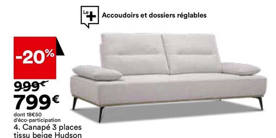 Canapé 3 Places Tissu Beige Hudson