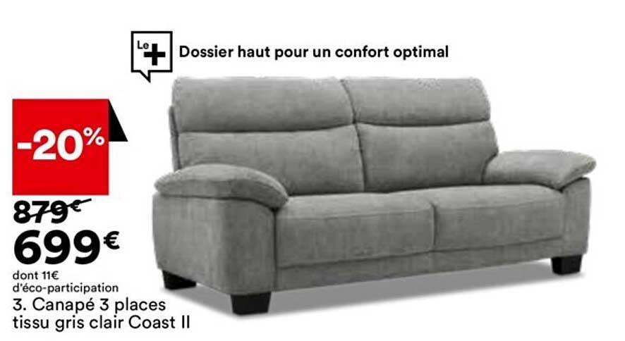 canapé 3 places tissu gris clair coast II