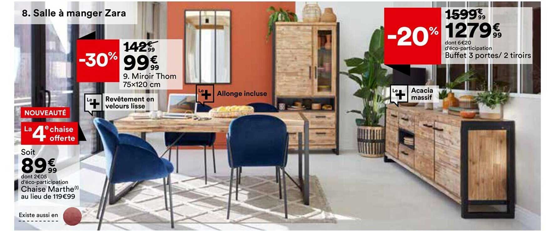 chaise marthe, miroir thom 75 x 120 cm, buffet 3 portes-2 tiroirs