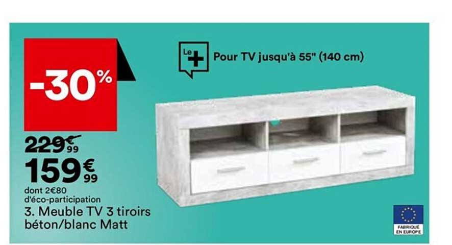 meuble tv 3 tiroirs béton-blanc matt