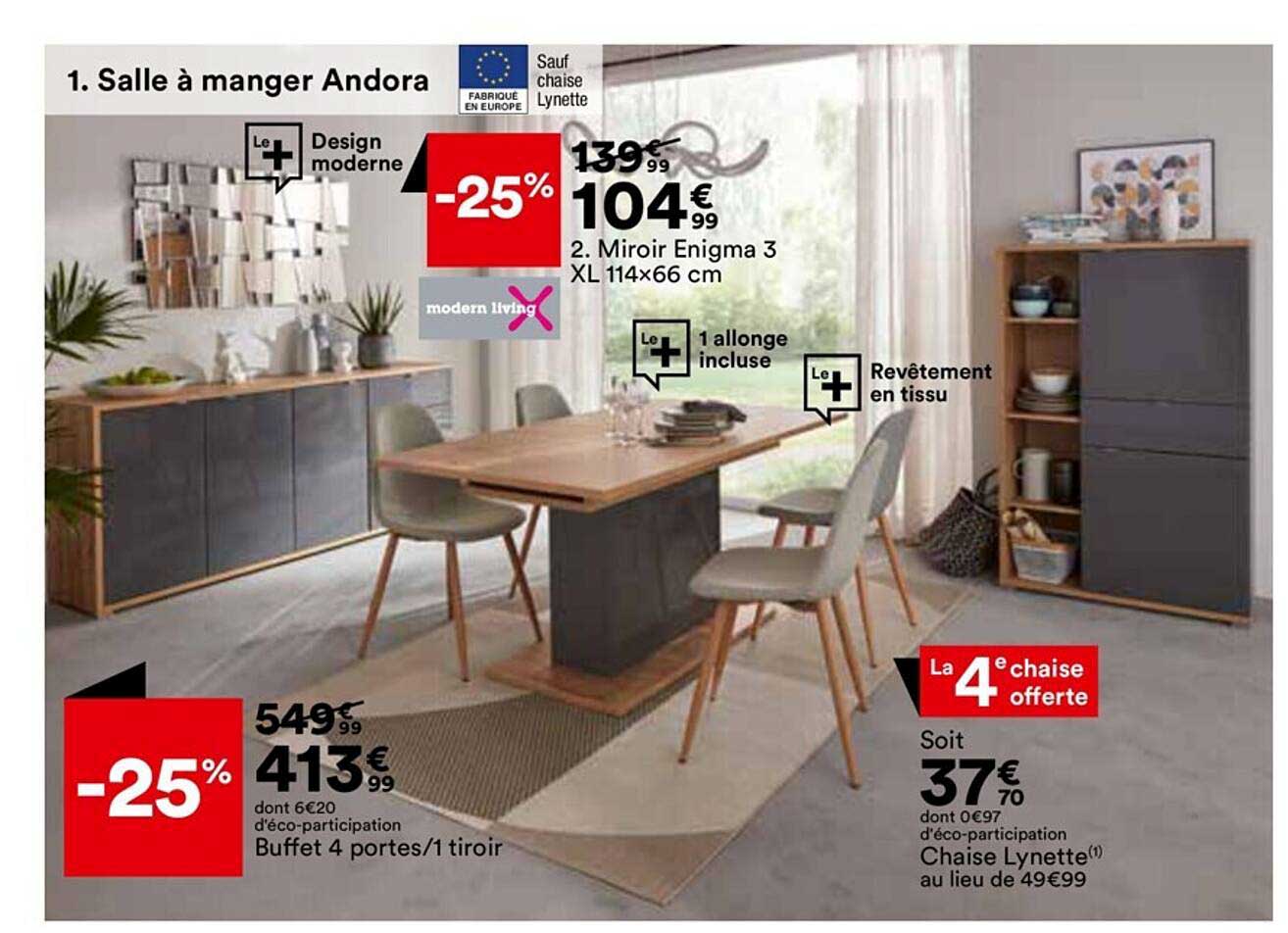 miroir enigma 3 xl 114 x 66 cm, buffet 4 portes-1 tiroir, chaise lynette