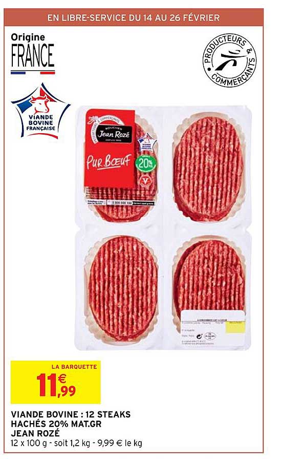 viande bovine : 12 steaks hachés 20% mat.gr. jean rozé