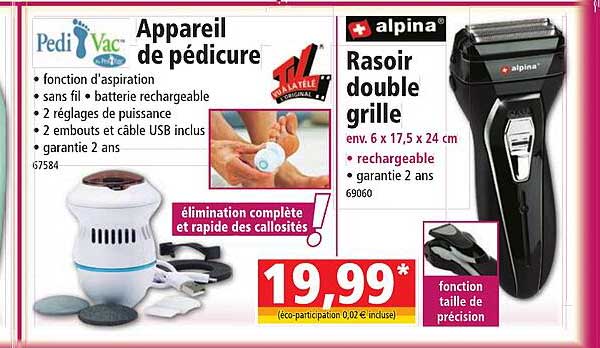 appareil de pédicure pedivac, rasoir double grille alpina