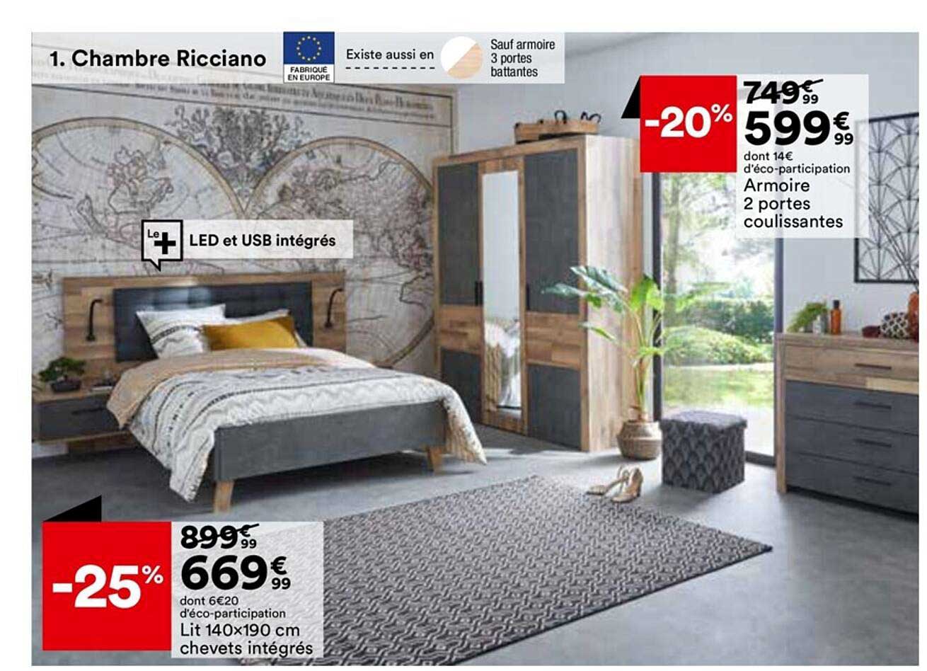 armoire 2 portes coulisssantes, lit 140 x 190 cm chevets intégrés