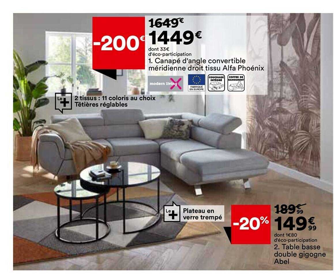 canapé d'angle convertible méridienne droit tissu alfa phoénix, table basse double gigogne abel