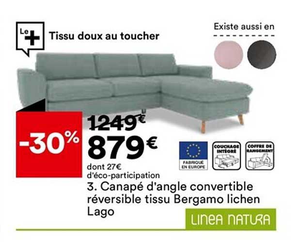 canapé d'angle convertible réversible tissu bergamo lichen lago linea natura