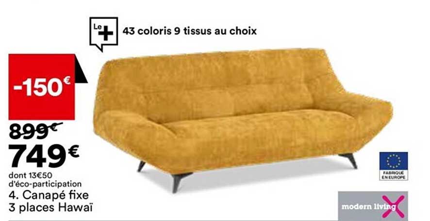 canapé fixe 3 places hawaï modern living