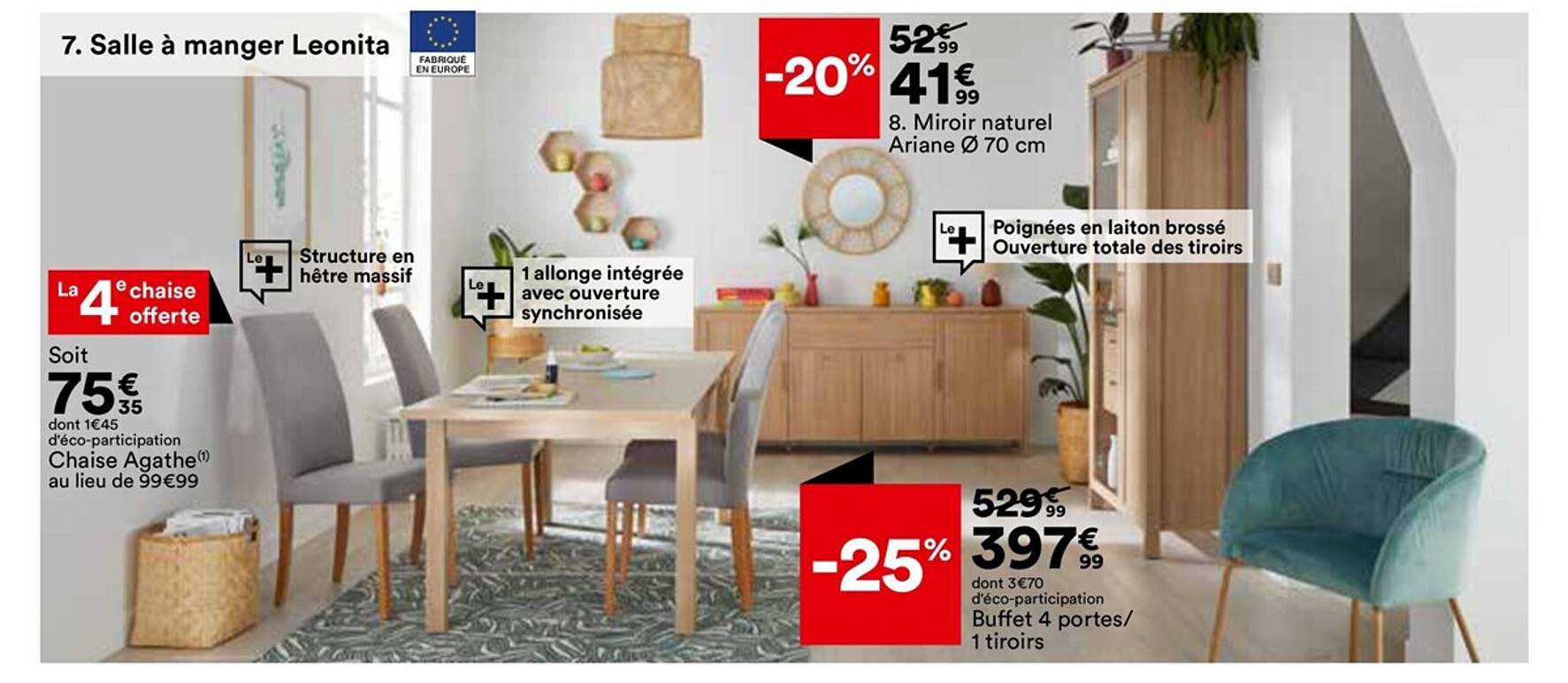 chaise agathe, miroir naturel ariane ø 70 cm, buffet 4 portes-1 tiroir