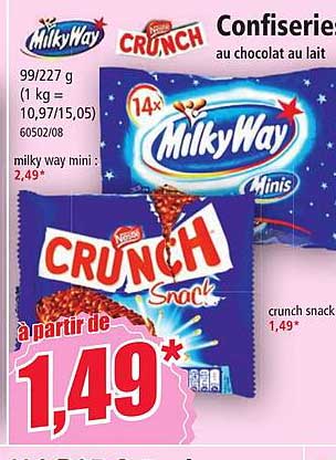 confiseries au chocolat au lait milky way, nestlé crunch