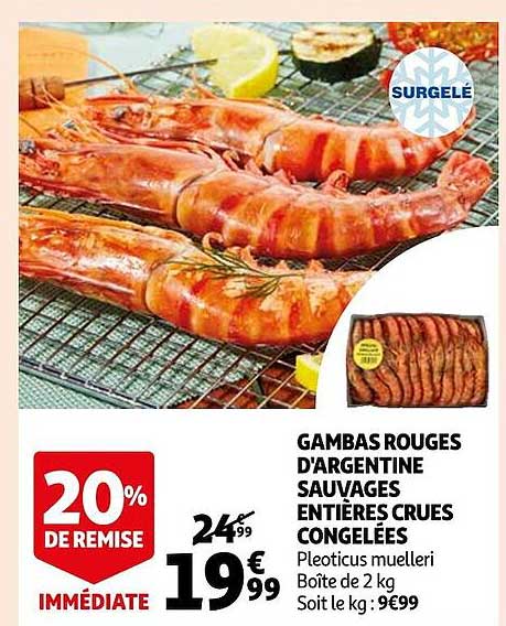 gambas rouges d'argentine sauvages entières crues congelées