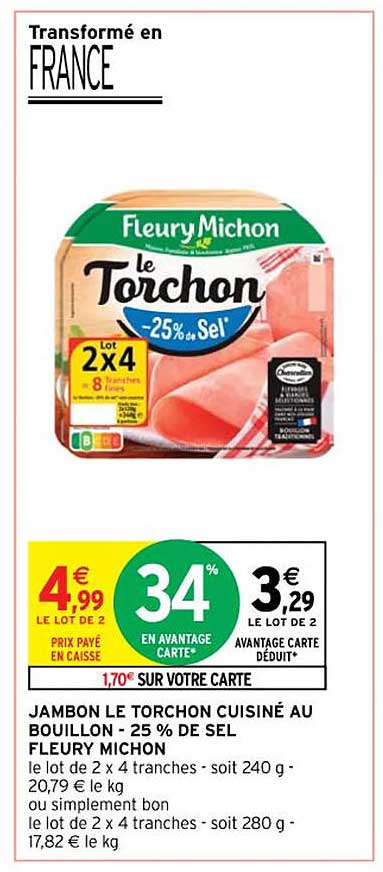 jambon le torchon cuisiné au bouillon -25% de sel fleury michon