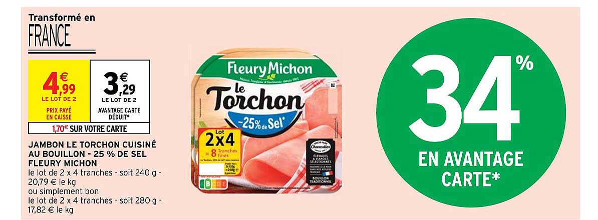 jambon le torchon cuisiné au bouillon -25% de sel fleury michon