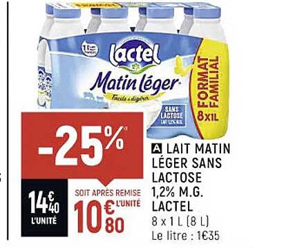 lait matin léger sans lactose 1,2% m.g. lactel