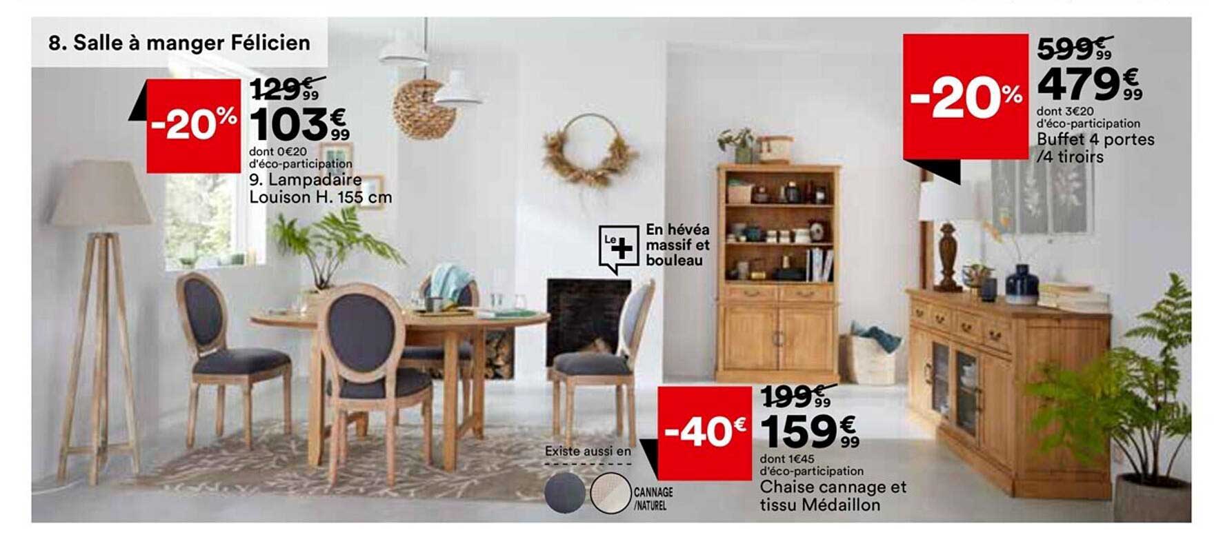 lampadaire louison h. 155 cm, chaise cannage et tissu médaillon, buffet 4 portes-4 tiroirs