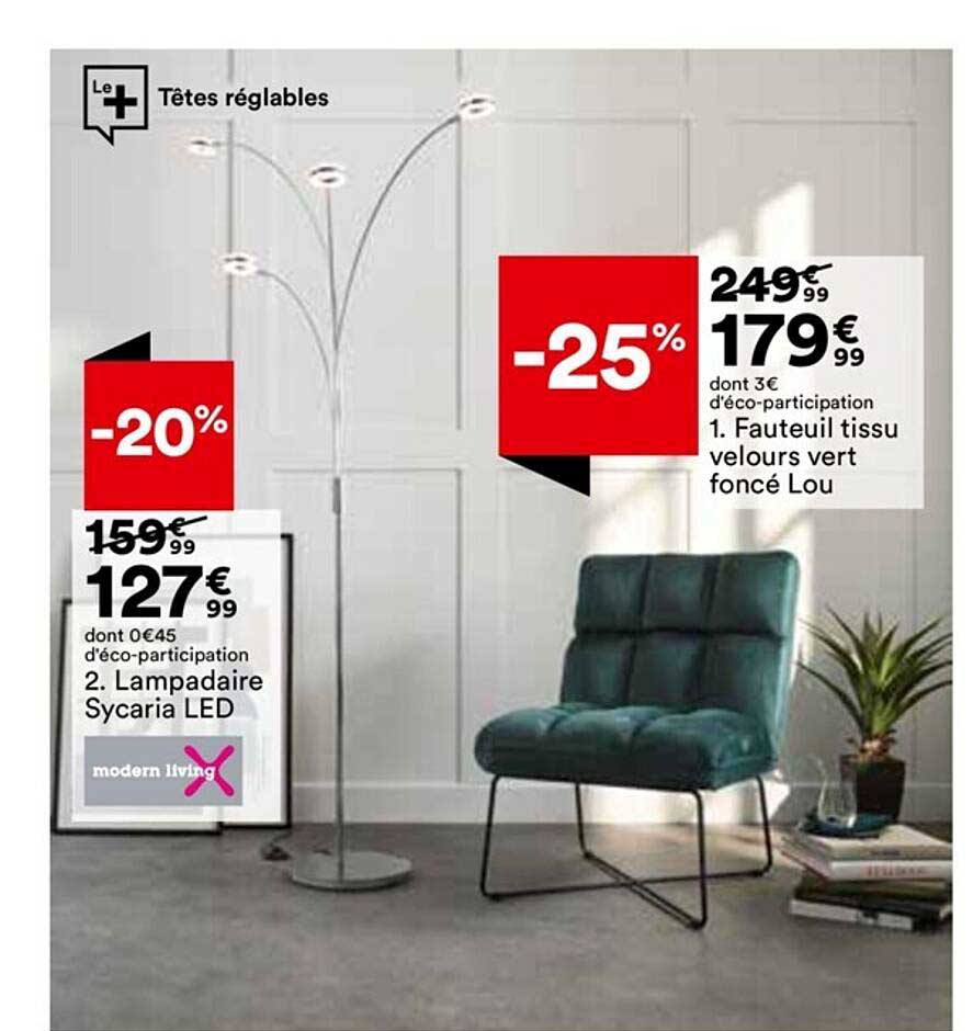 lampadaire sycaria led modern living, fauteuil tissu velours vert foncé lou