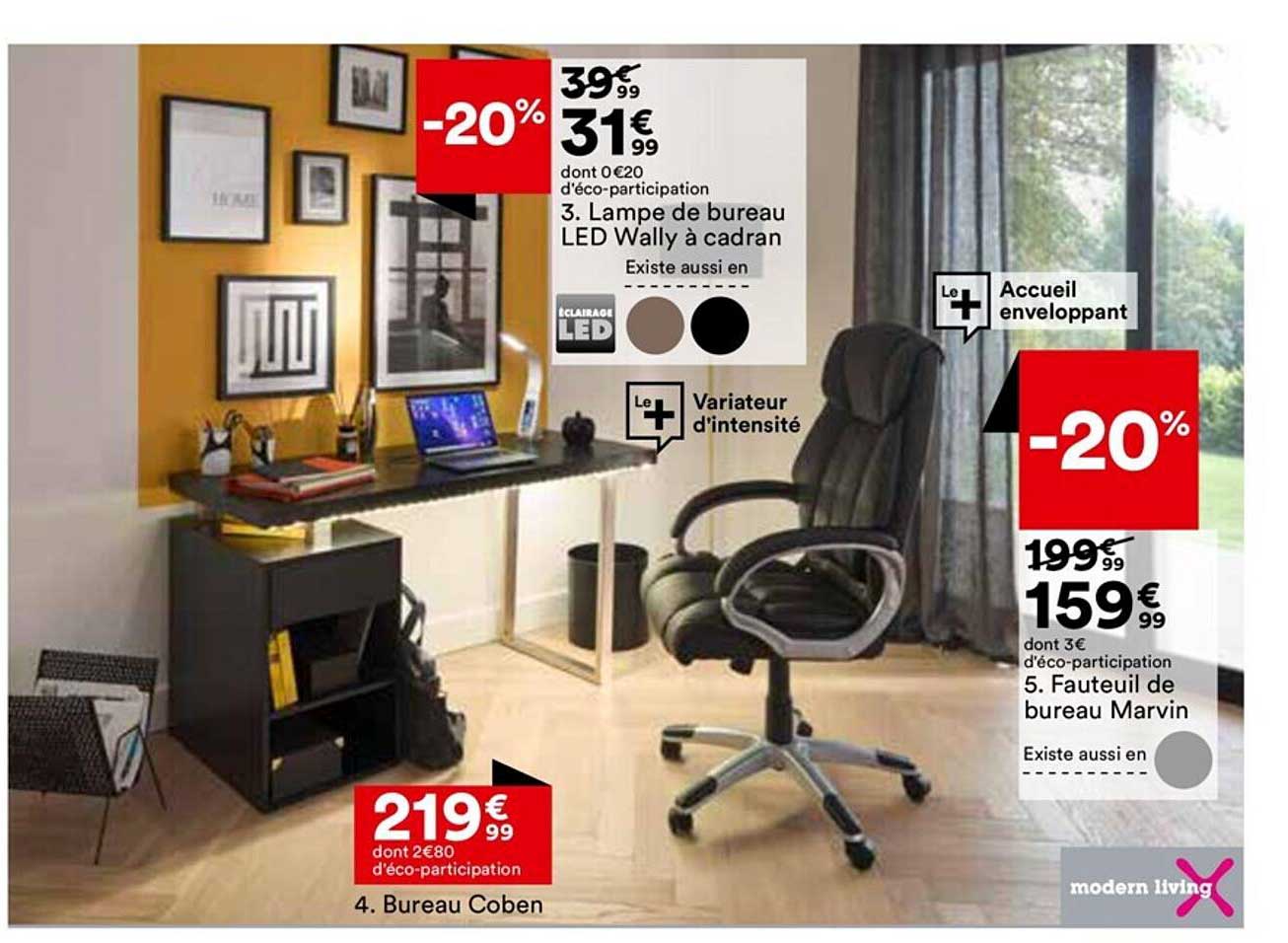 lampe de bureau led wally à cadran, bureau coben, fauteuil de bureau marvin modern living