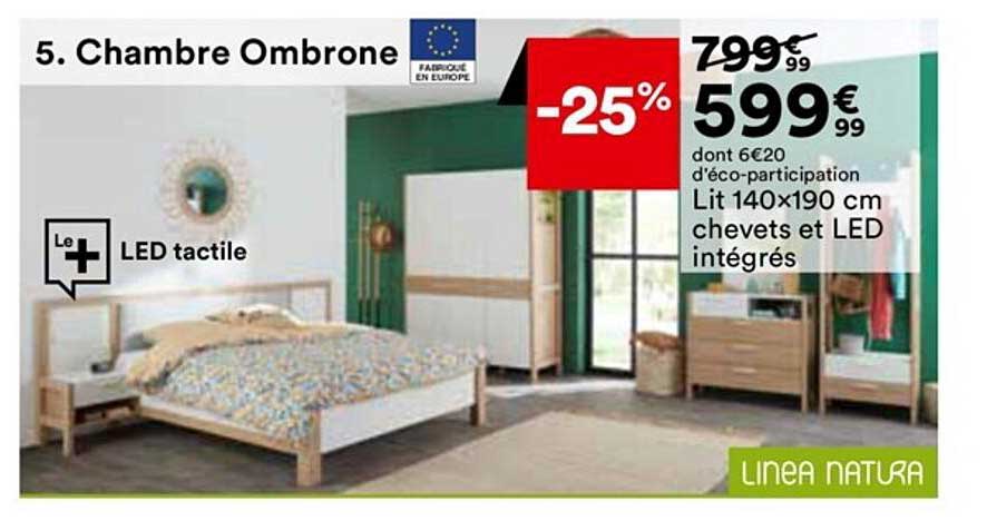 lit 140 x 190 cm chevets et led intégrés linea natura