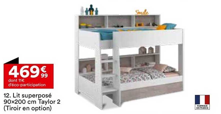 lit superposé 90 x 200 cm taylor 2 (tiroir en option)