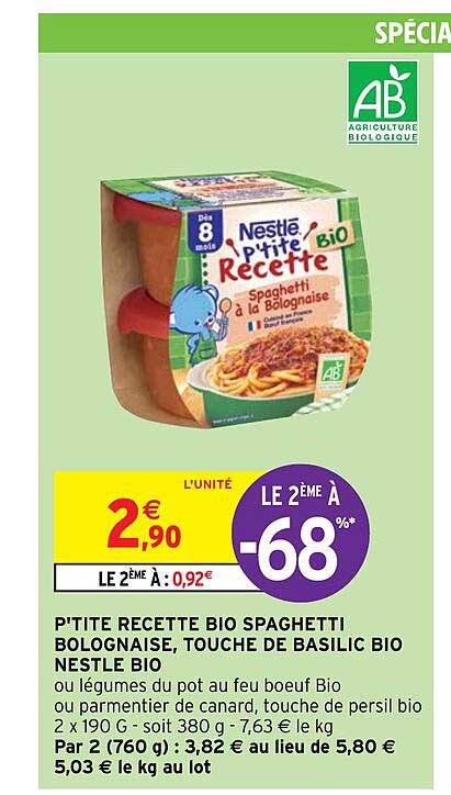 p'tite recette bio spaghetti bolognaise, touche de basilic bio nestlé bio