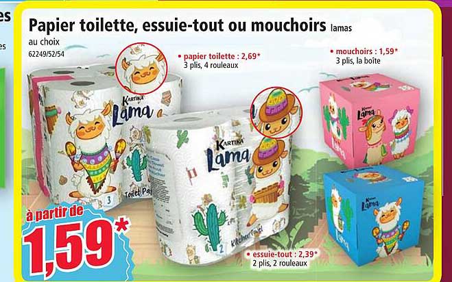papier toilette, essuie-tout ou mouchoirs lamas