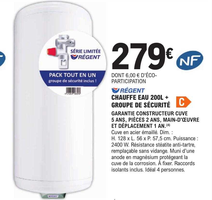 régent chauffe-eau 200l + groupe de sécurité