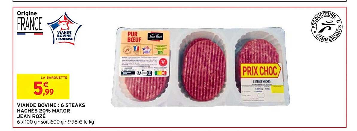viande bovine : 6 steaks hachés 20% mat. gr. jean rozé