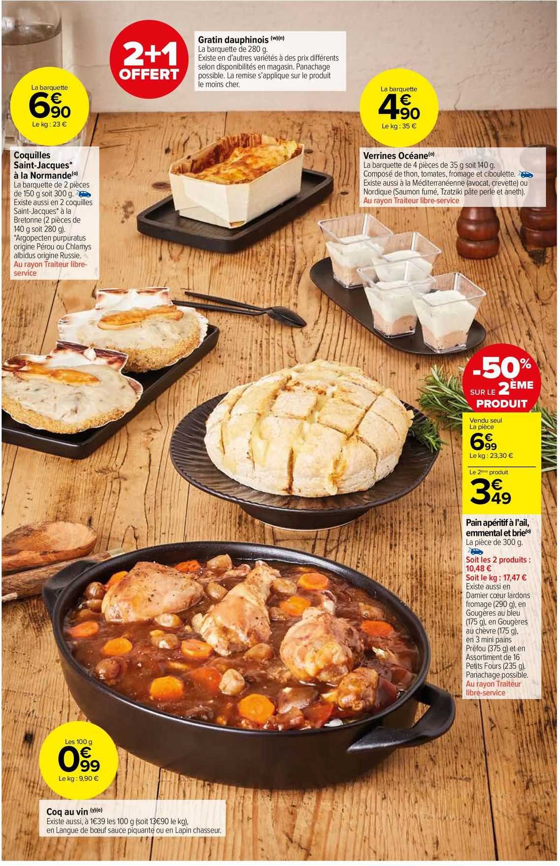 coquilles saint-jacques à la normande, coq au vin, verrines océane, pain apéritif à ail,  emmental et brie