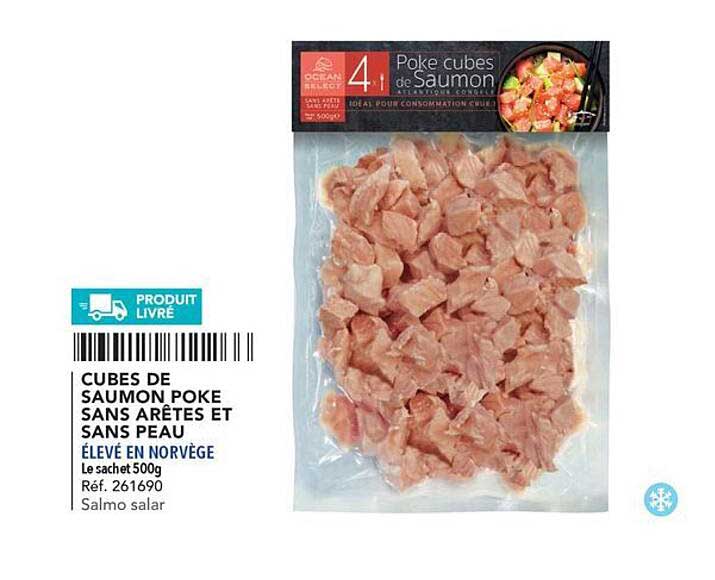 cubes de saumon poke sans arêtes et sans peau élevé en norvège