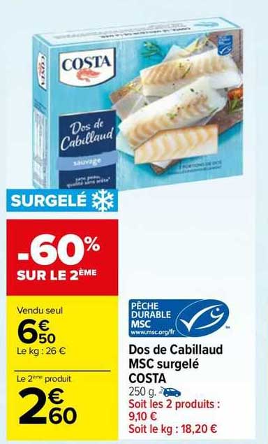 Dos De Cabillaud Msc Surgelé Costa