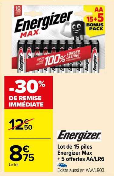 energizer lot de 15 piles energizer max + 5 offertes aa/lr6