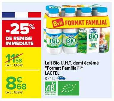 lait bio u.h.t. demi écrémé "format familial" lactel