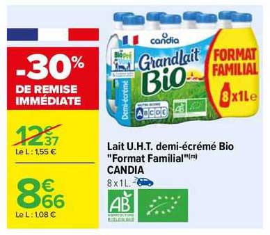 lait u.h.t. demi-écréme bio "format familial" candia
