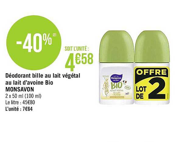 déodorant bille au lait végétal au lait d'avoine bio monsavon