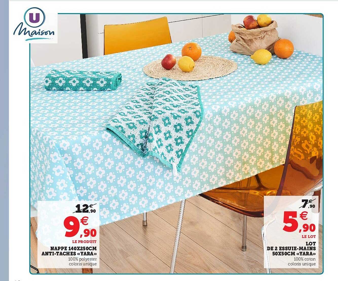nappe 140x250cm anti-taches "yara", lot de 2 essuie-mains 50x50cm "yara"