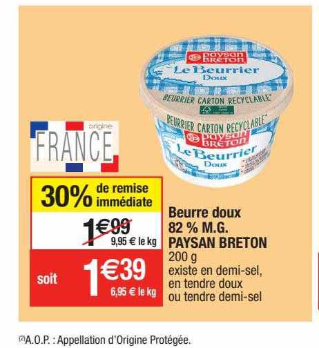 beurre doux 82% m.g. paysan breton