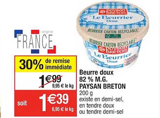 beurre doux 82% m.g. paysan breton