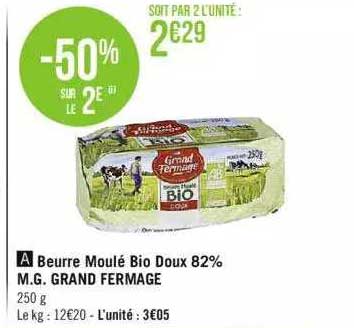 beurre moulé bio doux 82% m.g. grand fermage