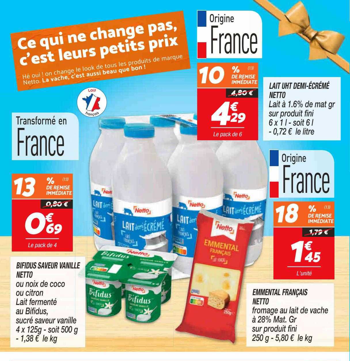bifidus saveur vanille netto, lait uht demi-écrémé netto, emmental français netto