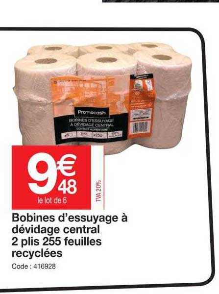 bobines d'essuyage à dévidage central 2 plis 255 feuilles recyclées