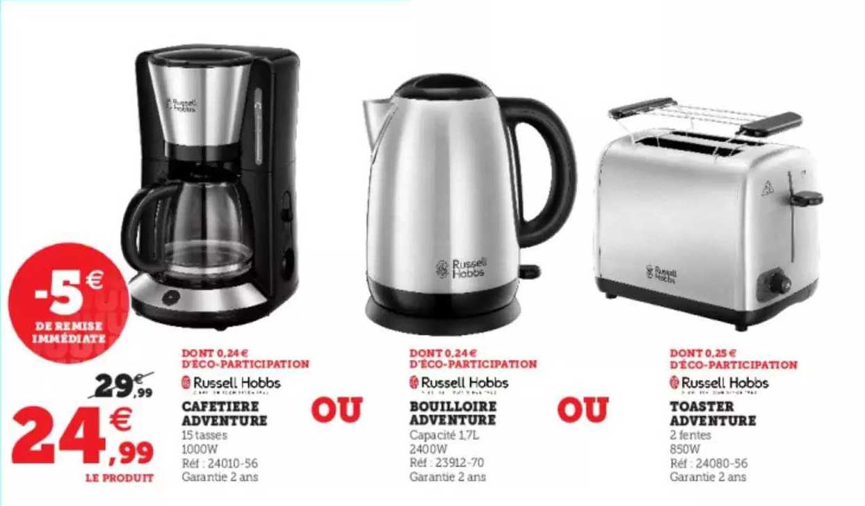 cafetière adventure, bouilloire adventure ou toaster adventure russell hobbs