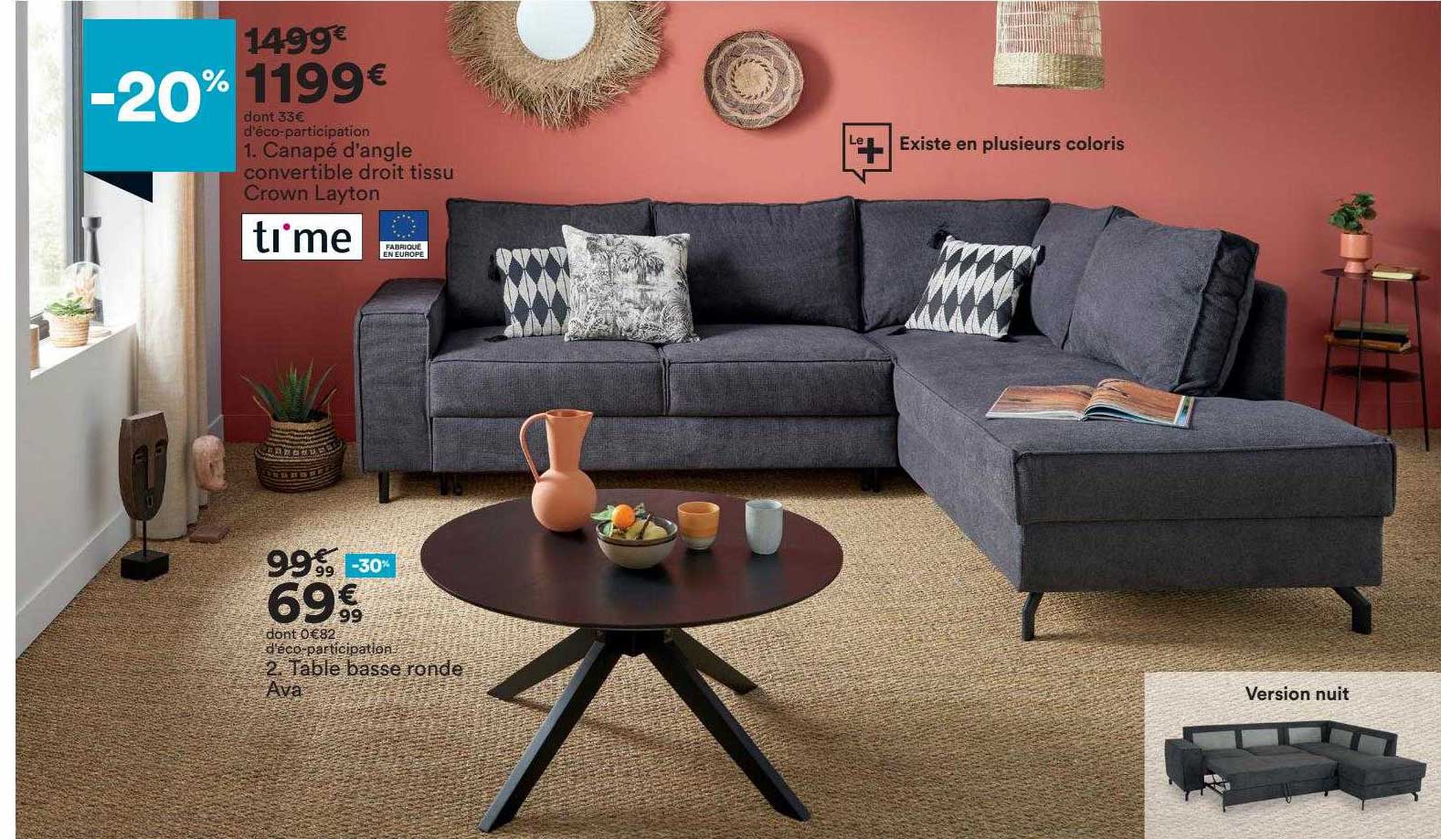 canapé d'angle convertible droit tissu crown layton, table basse ronde ava