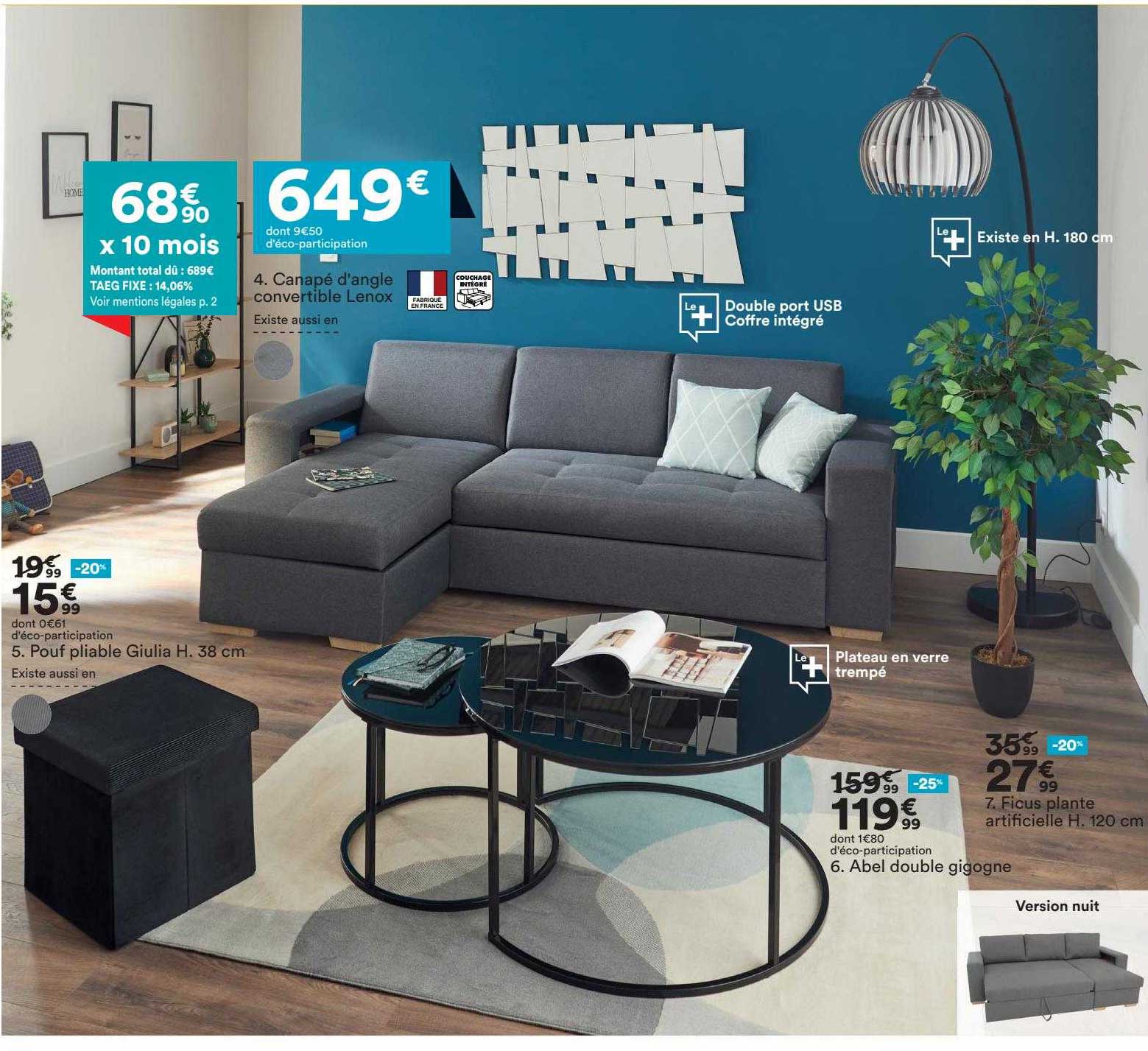 canapé d'angle convertible lenox, pouf pliable giulia h. 38 cm, abel double gigogne, ficus plante artificiel h. 120 cm