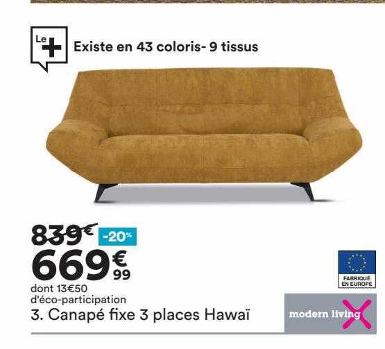 canapé fixe 3 places hawaï modern living