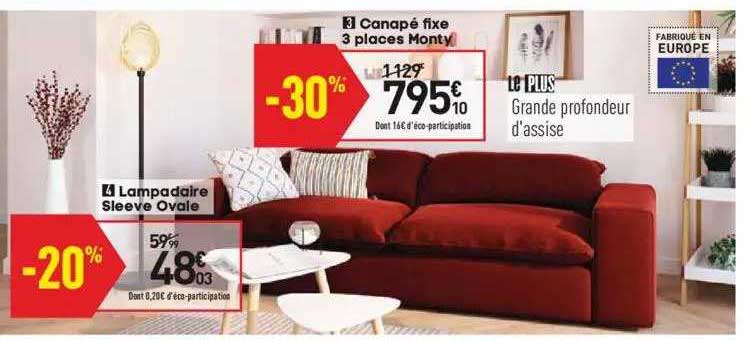 canapé fixe 3 places monty, lampadaire sleeve ovale