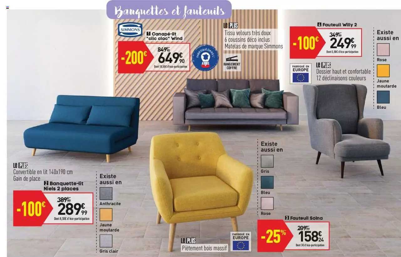 canapé-lit "clic clac" wind, banquette-lit niels 2 places, fauteuil soina, fauteuil willy 2