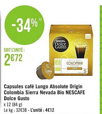 capsules café lungo absolute origin colombia sierra nevada bio nescafé dolce gusto