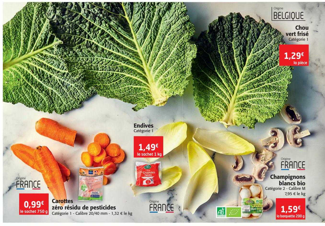 Carottes Zéro Résidu De Pesticides, Endives, Champignons Blancs Bio, Chou Vert Frisé