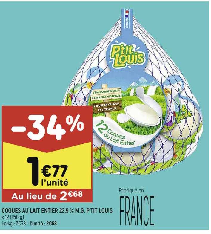 coques au lait entier 22,9% m.g. p'tit louis